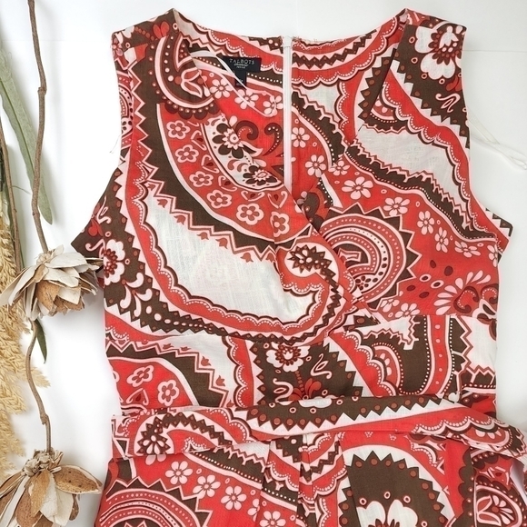 New Talbots Cream Red Brown Patterned Belted Dress Sz 12p - Picture 12 of 16